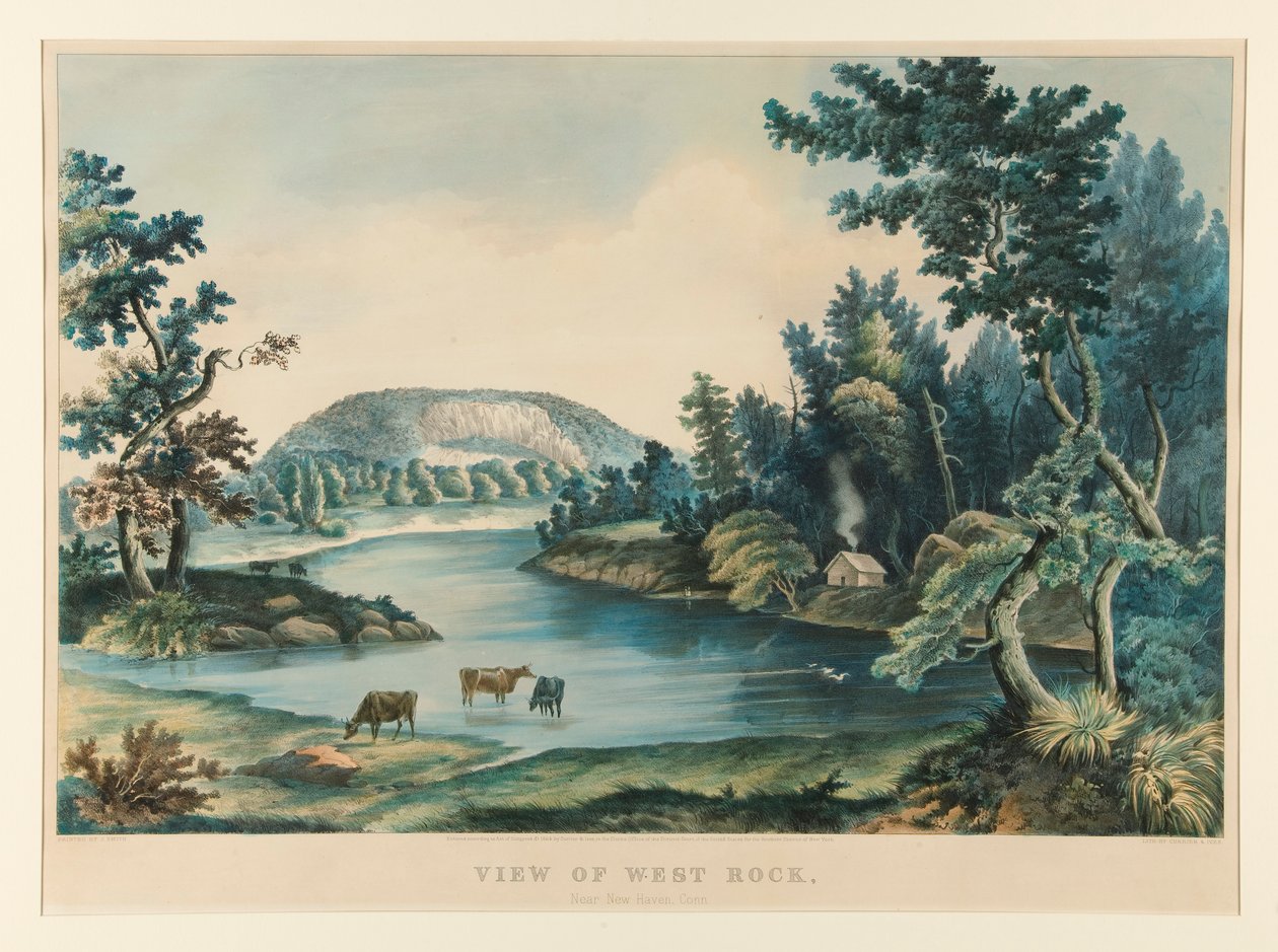 Uitzicht op West Rock door Currier and Ives