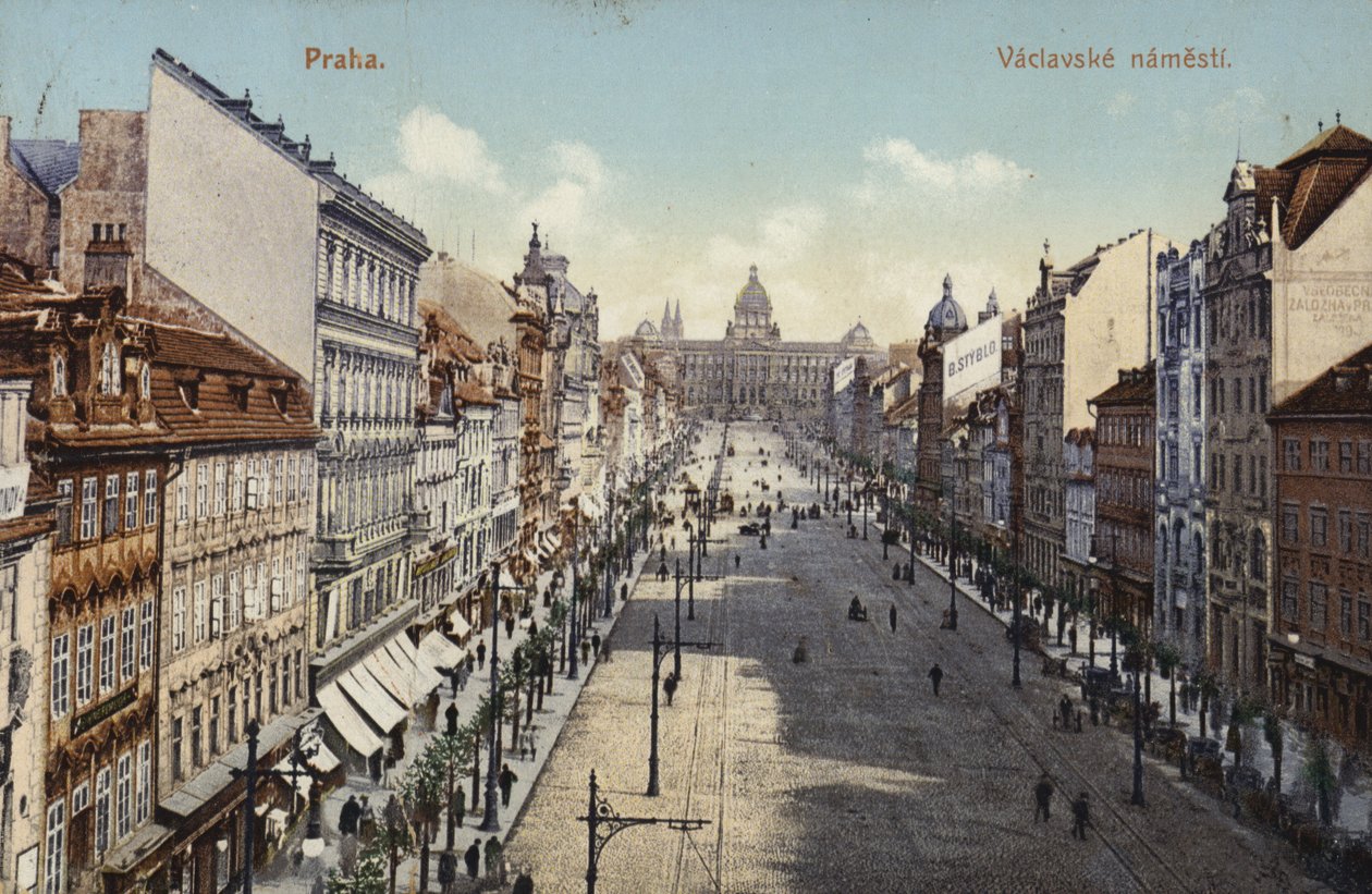 Ansichtkaart met een algemeen uitzicht op het Wenceslasplein door Czech Photographer