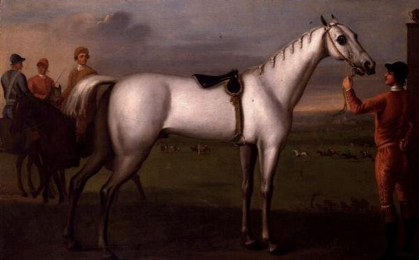 Groom met een grijs renpaard door D. Quigley