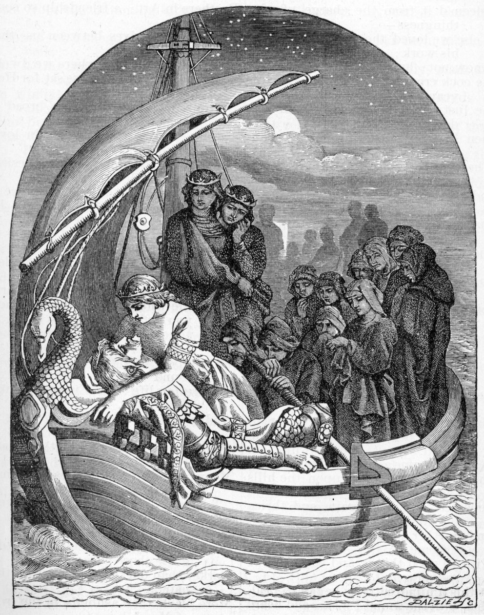 De stervende Koning Arthur wordt naar Avalon gebracht op een magisch schip met drie koninginnen, 1901 door Dalziel Brothers
