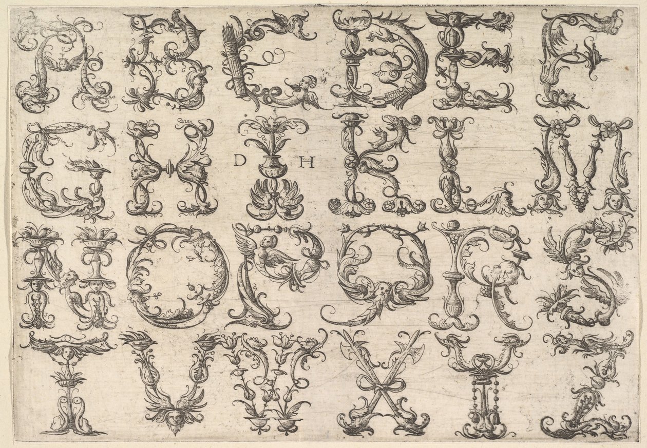 Versierd Romeins majuskule alfabet, ca. 1520 door Daniel Hopfer