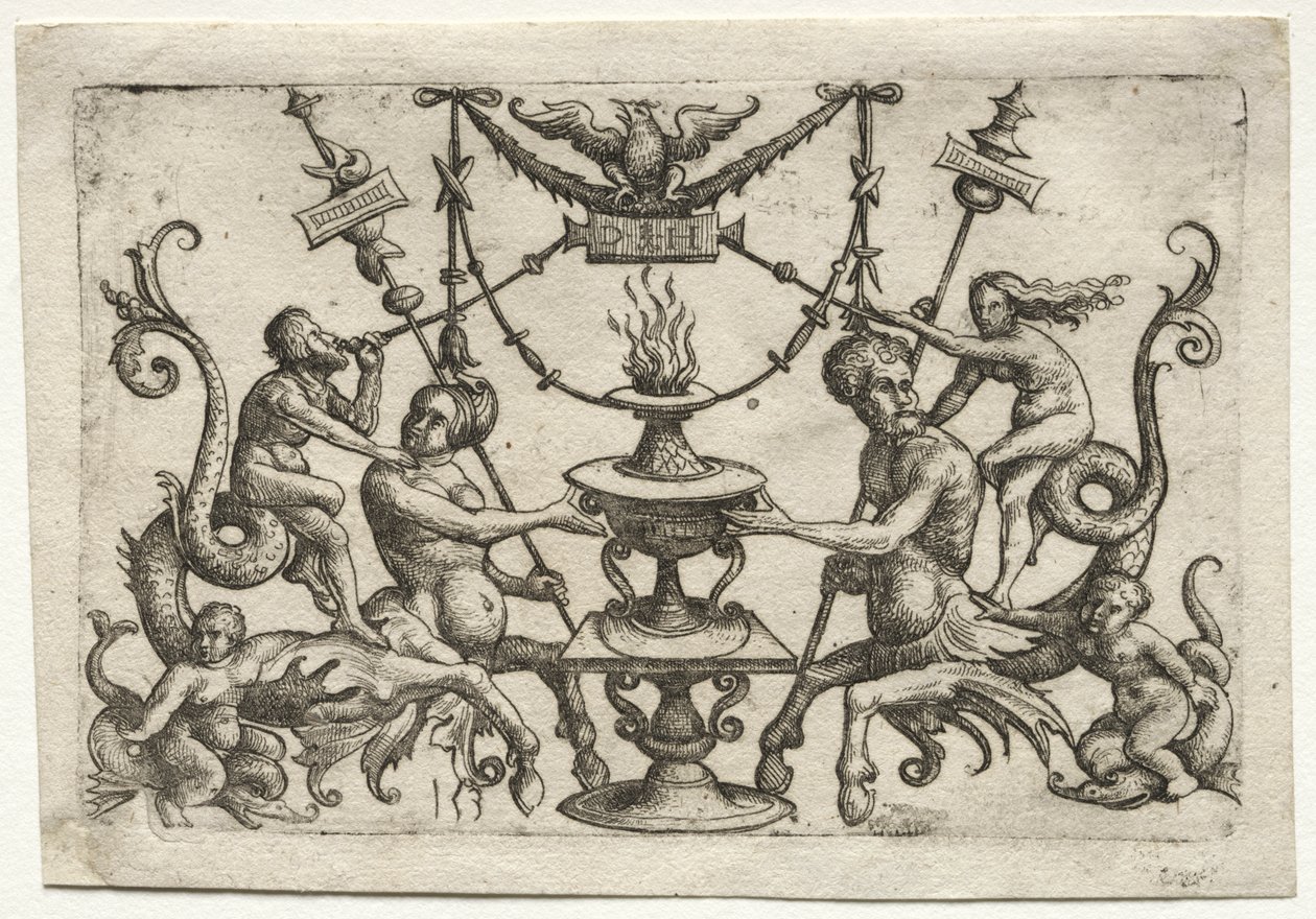 Ornament met sirene en triton door Daniel I Hopfer