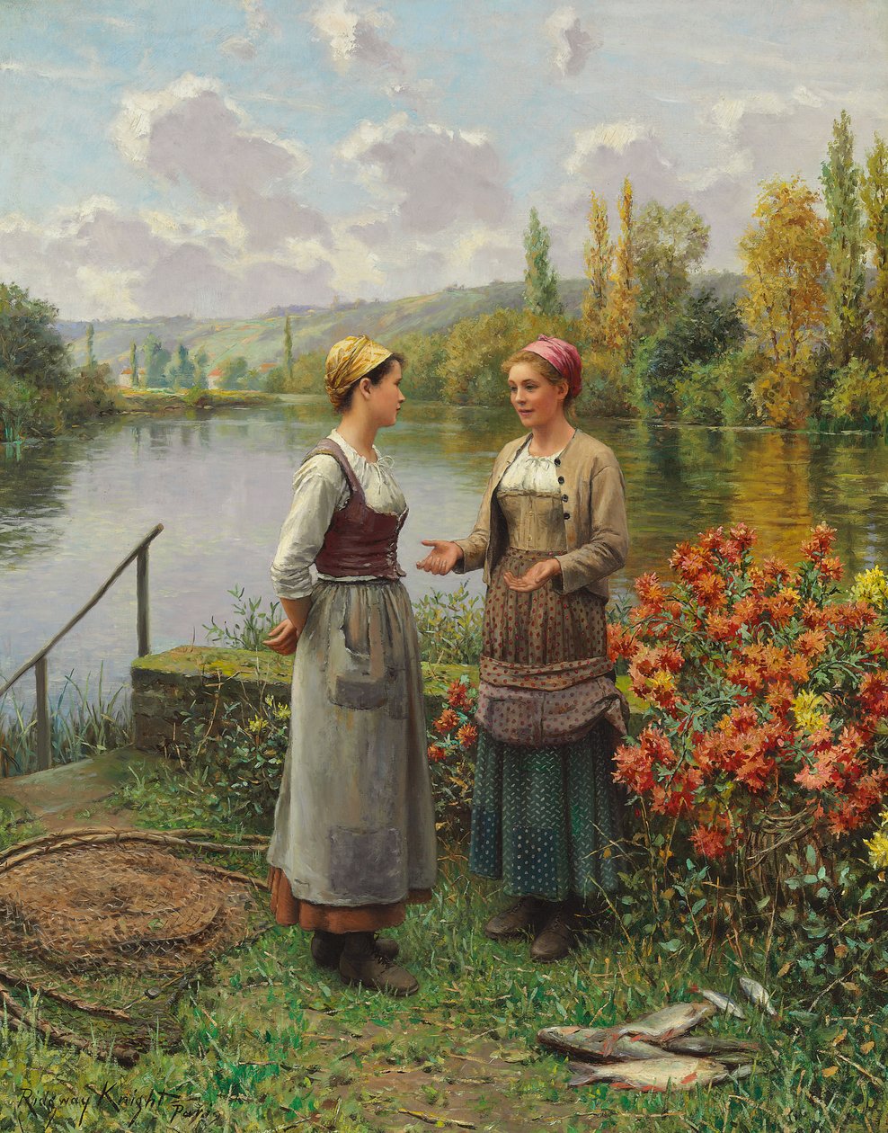 Twee vrouwen in een landschap door Daniel Ridgway Knight