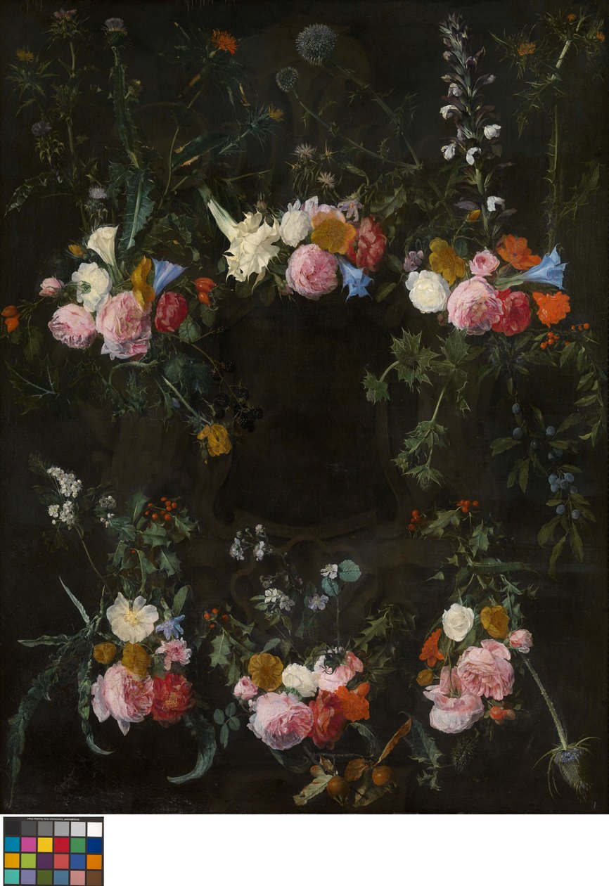 Gebeeldhouwde cartouche versierd met bloemenkransen door Daniel Seghers