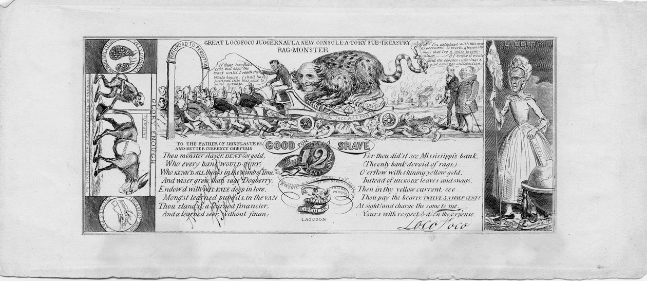 Grote locofoco juggernaut: een nieuwe console-a-tory sub-schatkist lappenmonster, c.1837 (kopergravure) door David Claypoole Johnston
