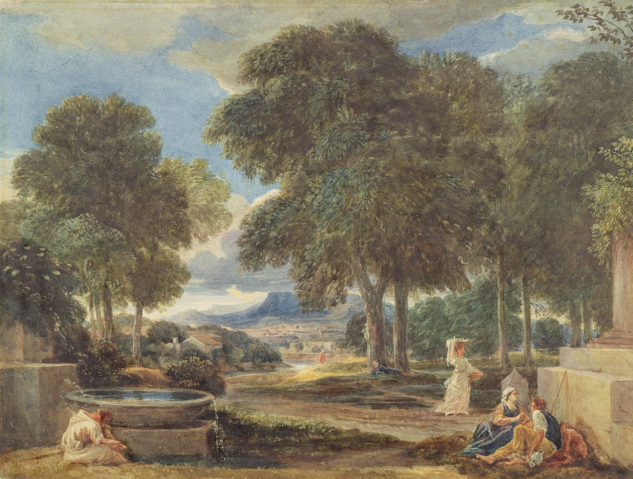 Landschap met een man die zijn voeten wast bij een fontein, naar Nicolas Poussin (1594-1665) door David Cox