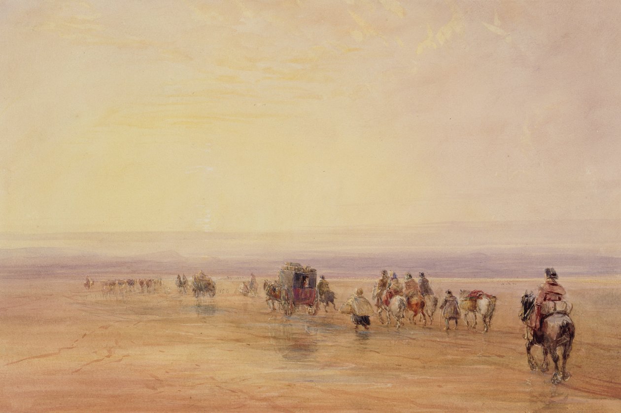 Op Lancaster Sands, Zonsondergang (Oversteek van Lancaster Sands) c.1835 door David Cox