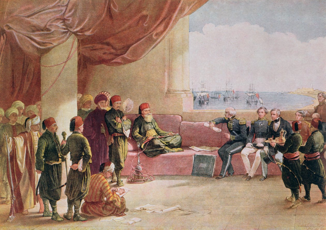 Mohamed Ali ontvangt gezanten uit Groot-Brittannië in zijn paleis in Alexandrië op 12 mei 1839 door David Roberts