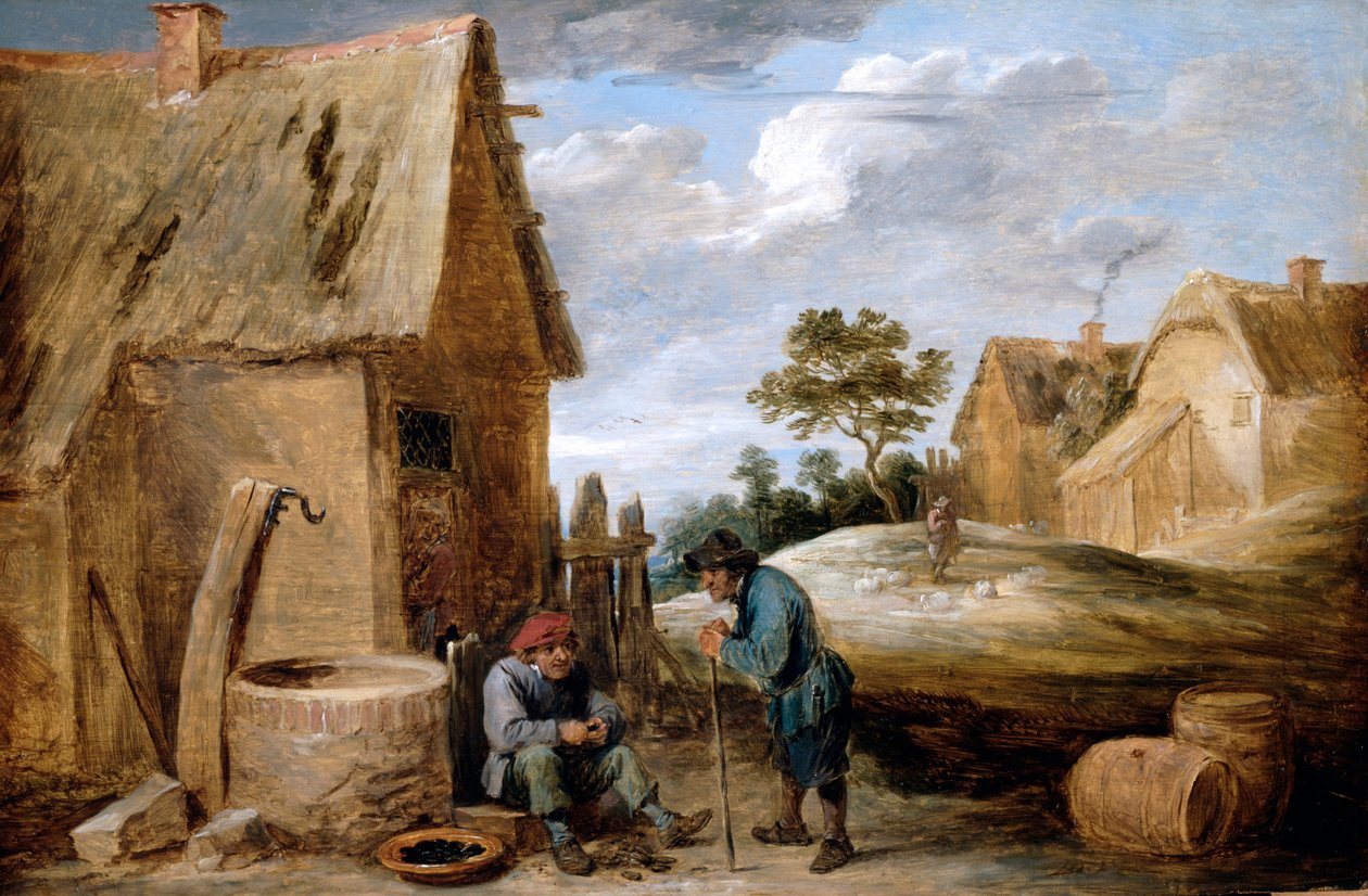 Een boer die mosselen eet door David Teniers the Younger