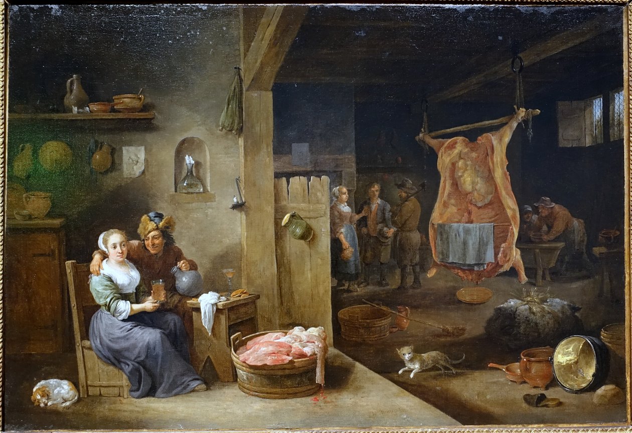 Vlaams interieur met geslachte os door David Teniers the Younger