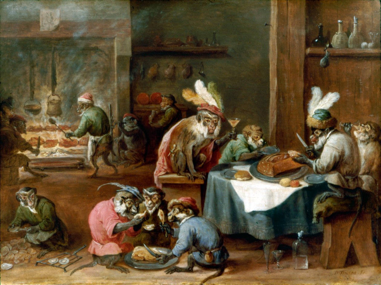 Maaltijd van verklede apen door David Teniers the Younger