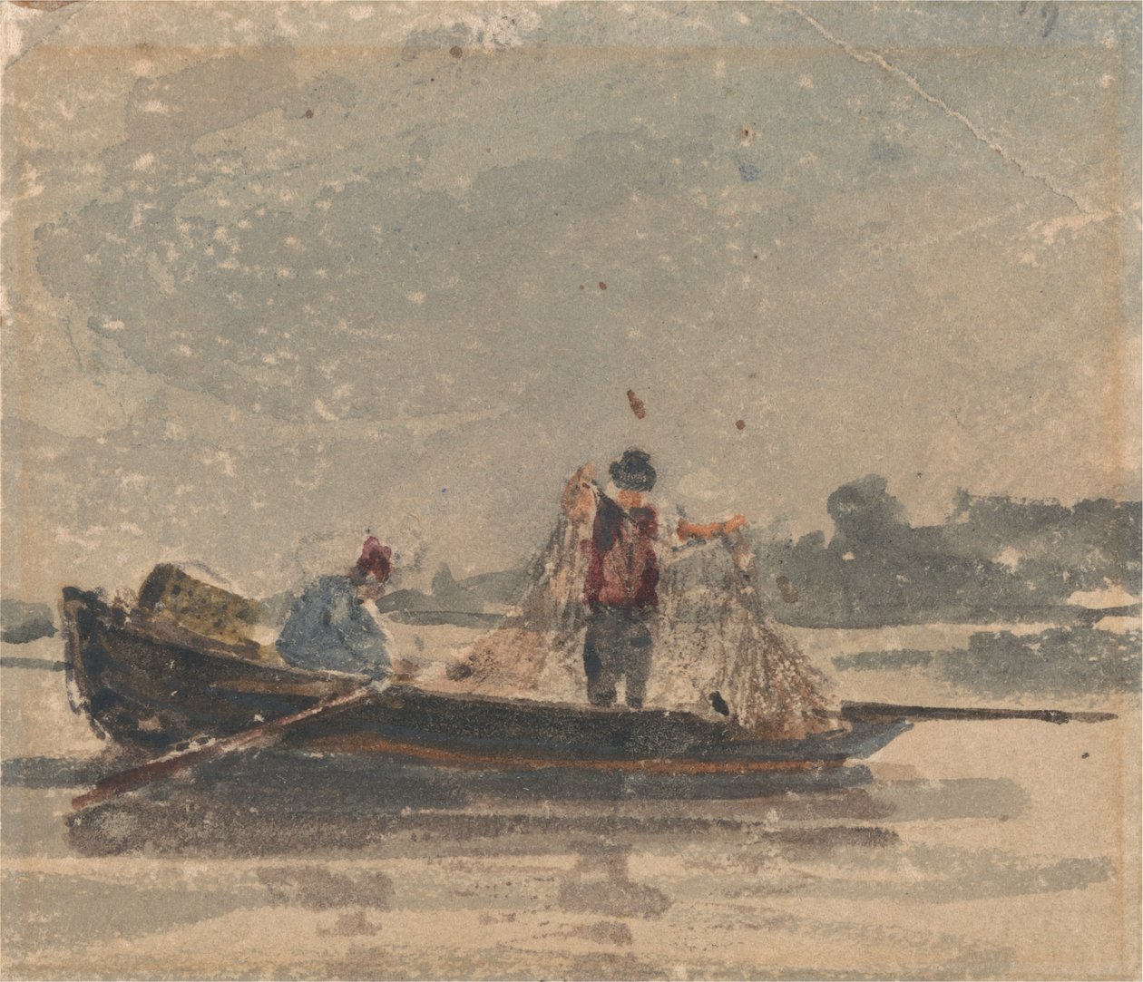 Vissers die een net trekken door David Cox