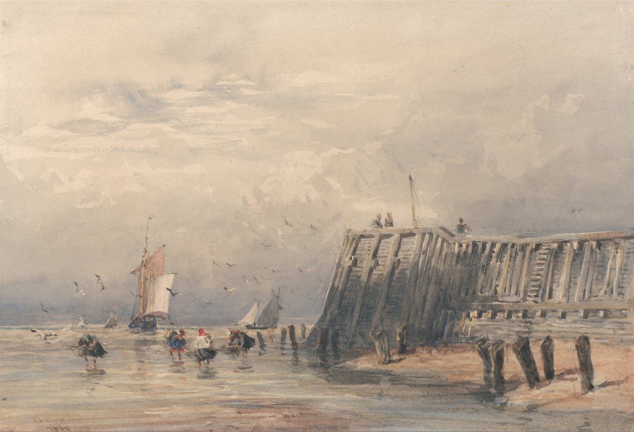 Zeilschuiten en garnalenkotters bij een pier door David Cox