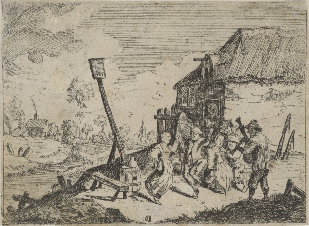 Dansende boeren bij een herberg door David Teniers (II)