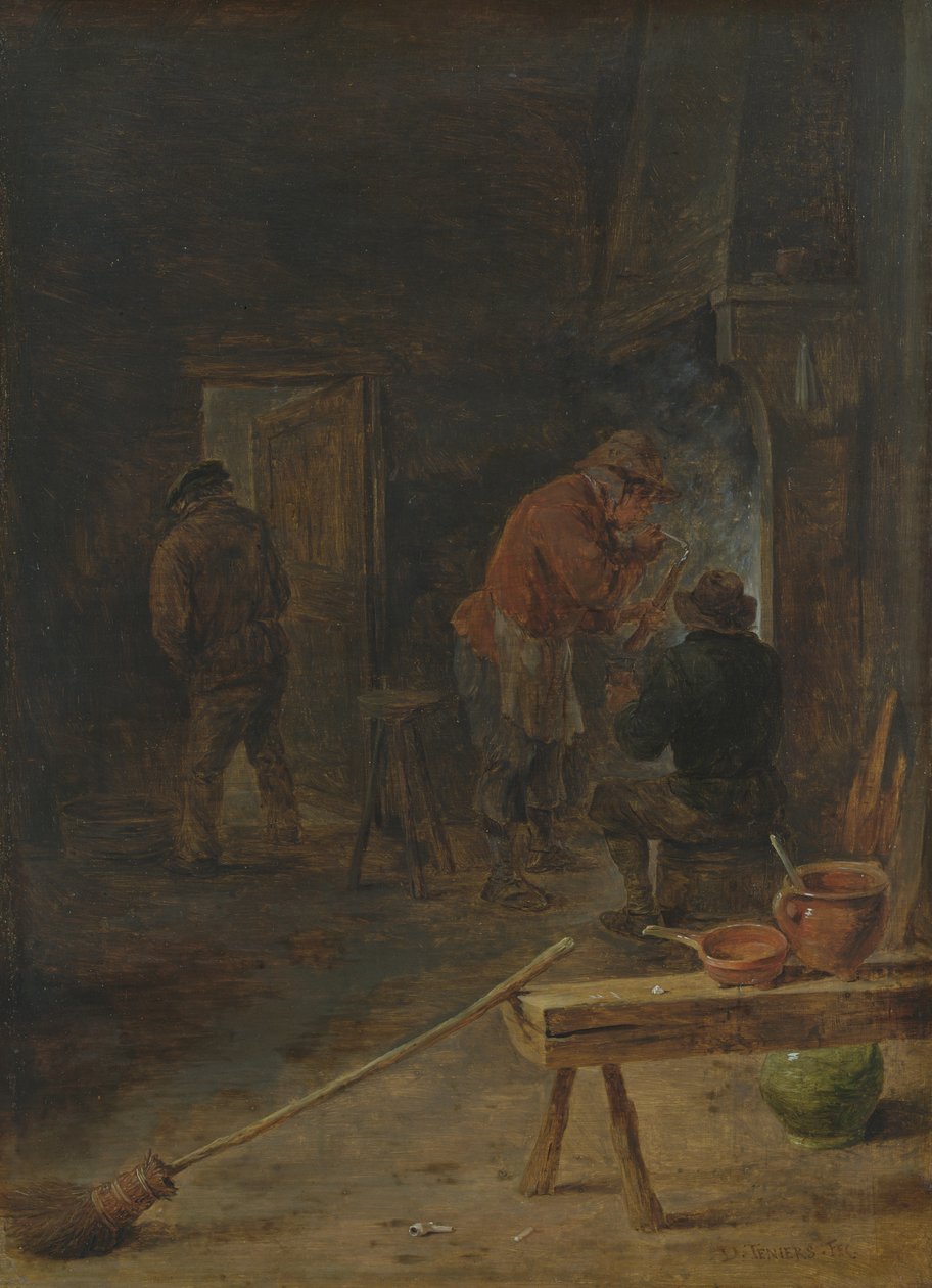 Boeren rond een open haard door David Teniers the Younger