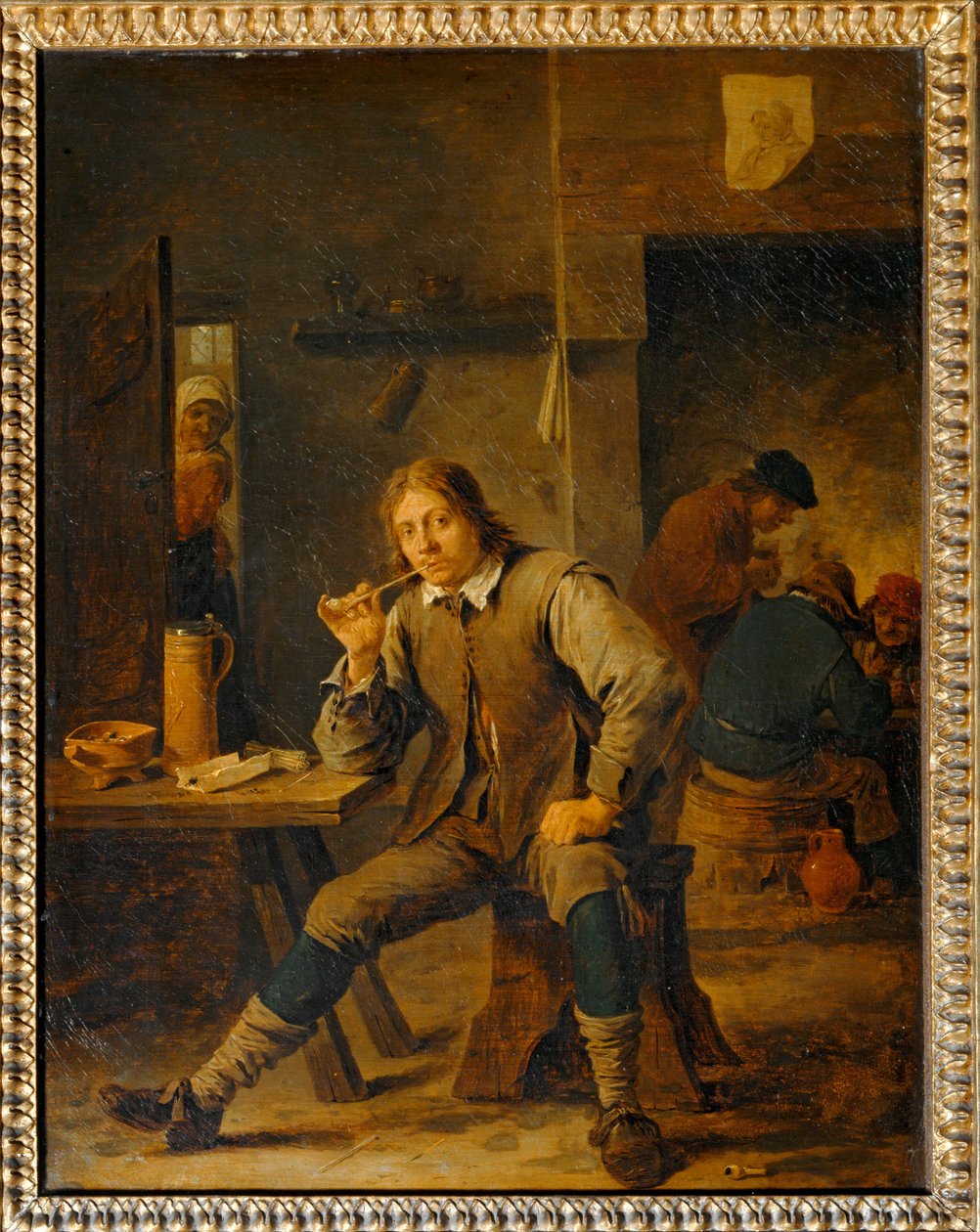 Roker leunend tegen een tafel ... door David the Younger Teniers