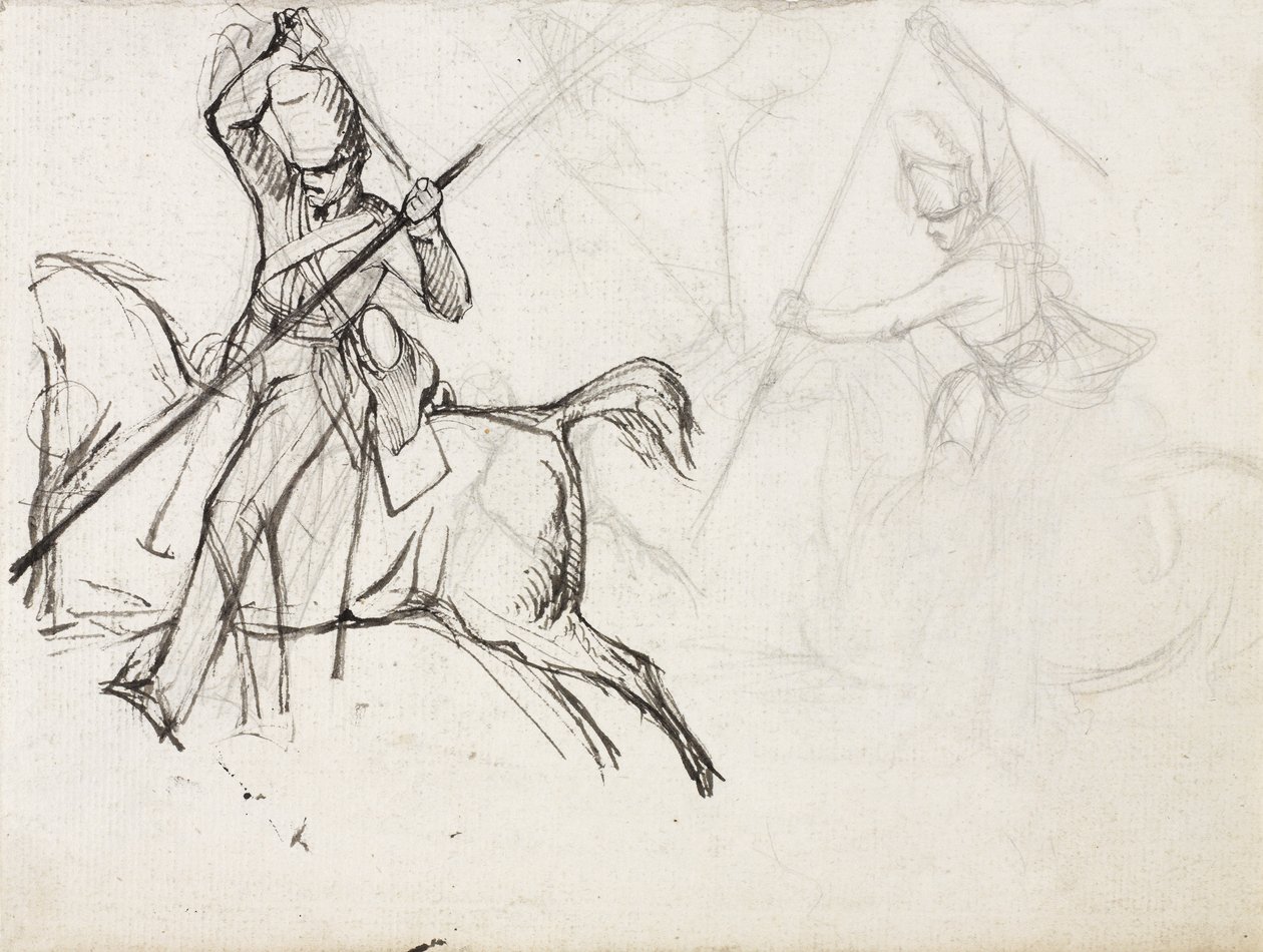 Studies voor de figuur van Sergeant Ewart, Scots Greys, voor het schilderij dat zijn verovering van de Franse adelaar bij de Slag bij Waterloo toont, 1815, ca. 1817 door Denis Dighton