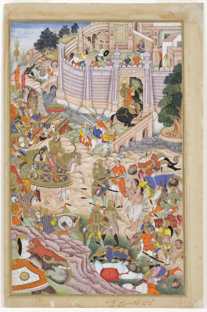 De troepen van Babur nemen het fort in Kabul, c.1590-1600 door Dhannu, and Dharmdas Farrukh