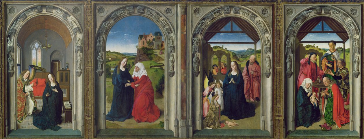 Drieluik met de Annunciatie, de Visitatie, de Aanbidding van de Engelen en de Aanbidding van de Wijzen, ca. 1445 door Dirck Bouts