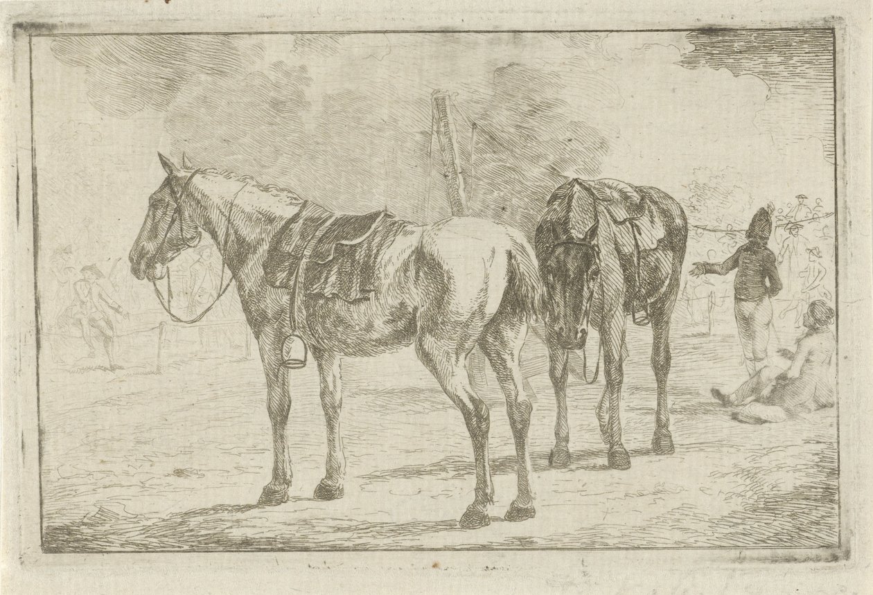 Twee gezadelde paarden bij een legerkamp door Dirk Langendijk