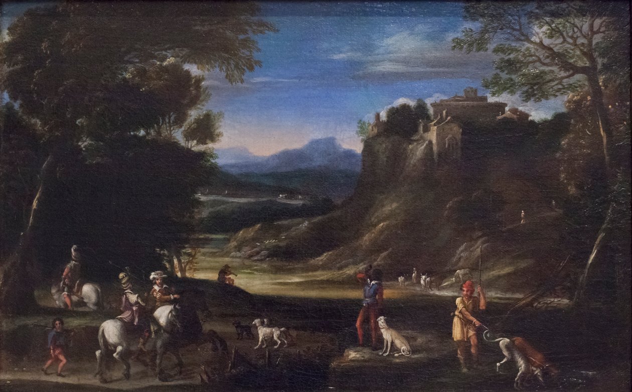 Boslandschap met jachtscène door Domenichino (1581 1641)