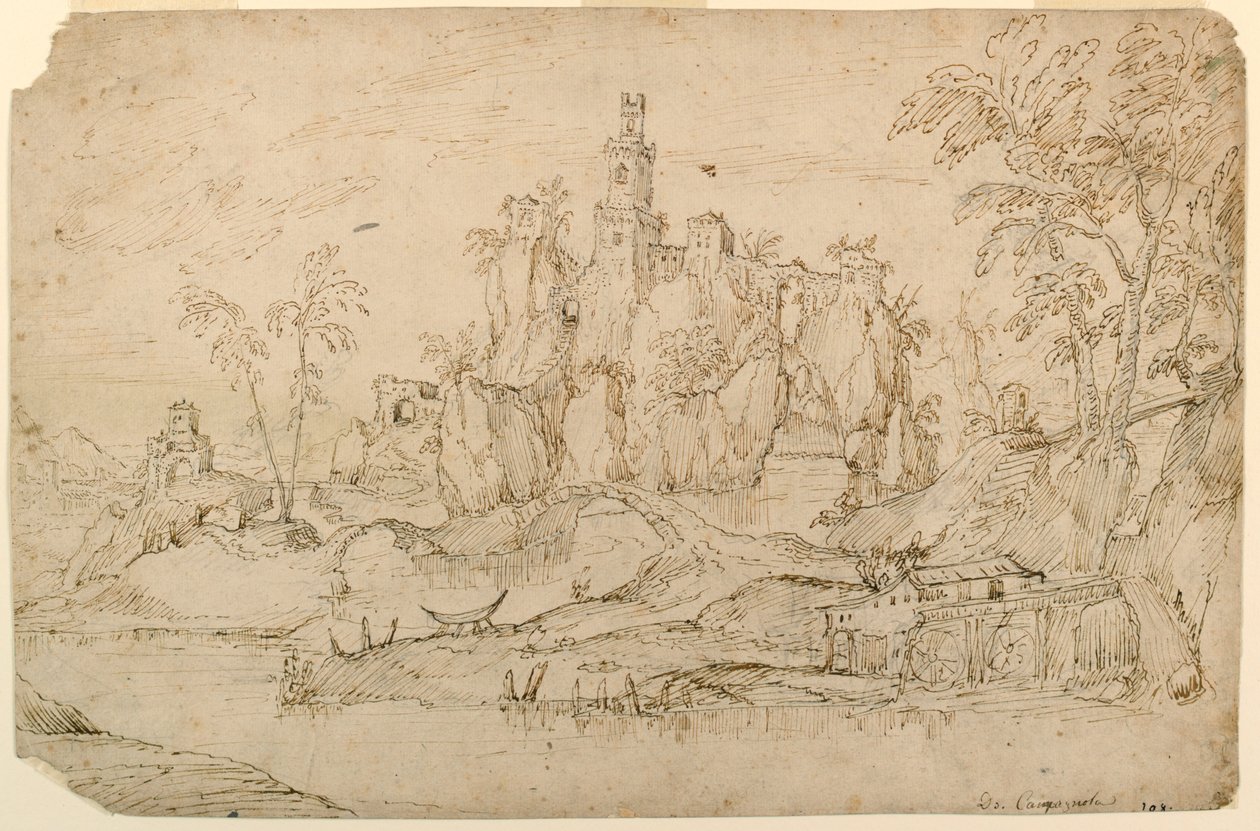 Fantasielandschap met watermolen door Domenico Campagnola