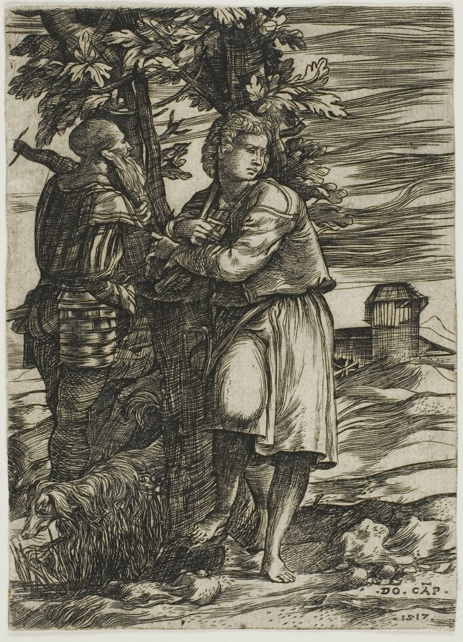 Herder en Oude Krijger door Domenico Campagnola