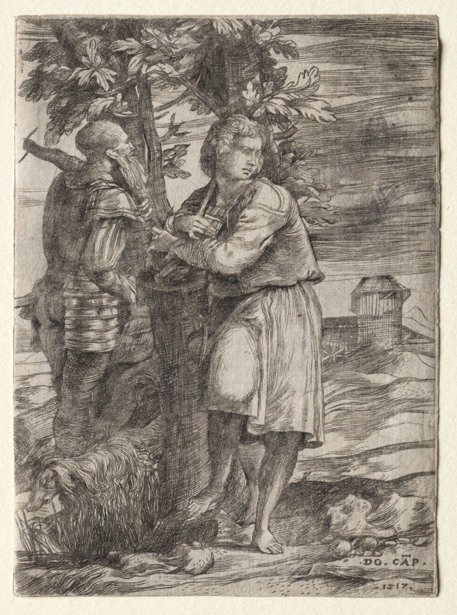 Herder en Oude Krijger, 1517 door Domenico Campagnola