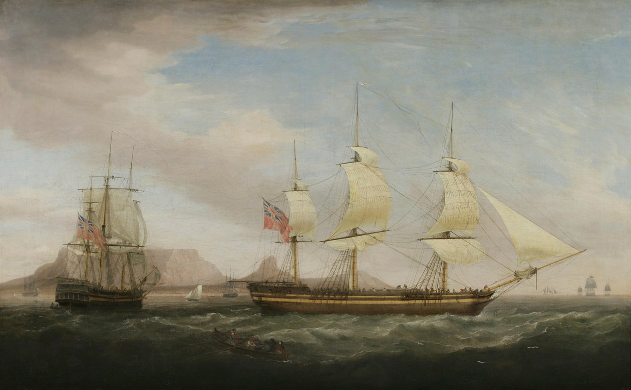 Een Britse Oost-Indiëvaarder in twee posities bij Dover door Dominic Serres