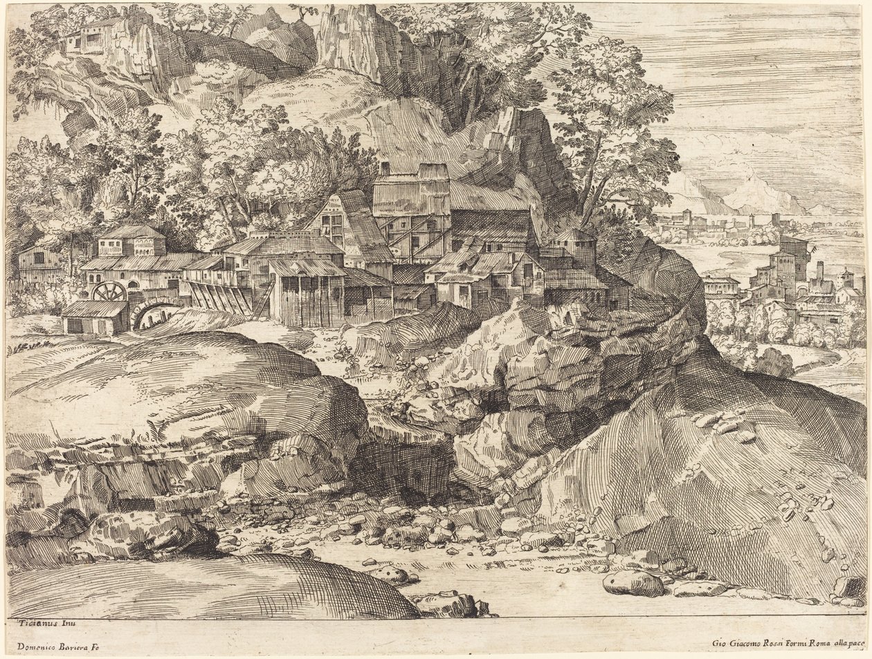 Landschap met een molen door Dominique Barrière after Titian
