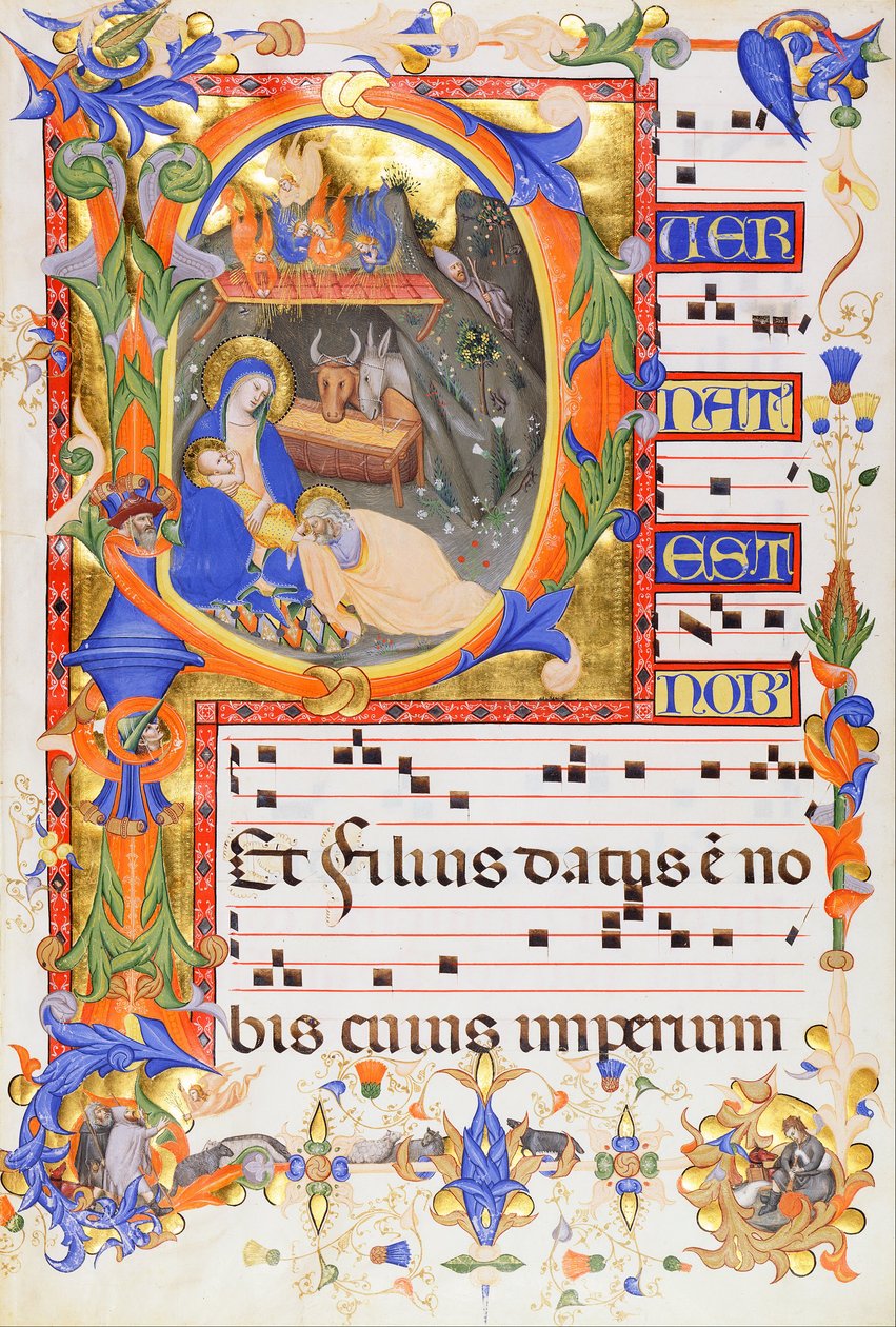 Geboorte, in een initiaal P door Don Silvestro dei Gherarducci