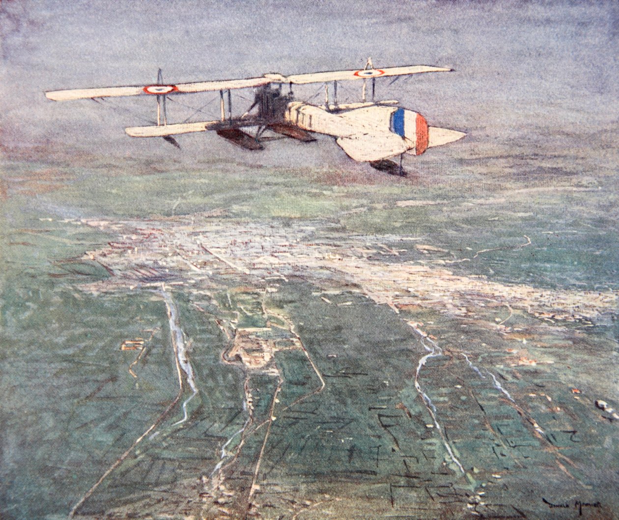 Watervliegtuig dat over Damascus vliegt, illustratie uit 