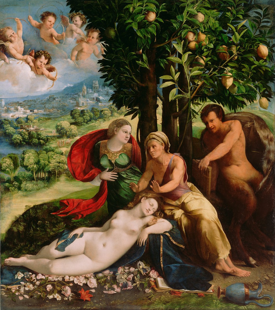 Mythologische scène door Dosso Dossi