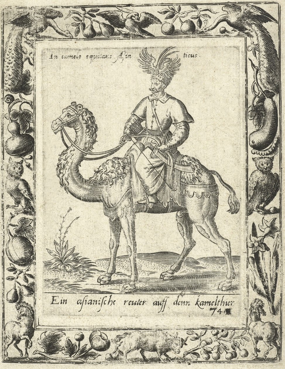 Arabische jager die op een kameel rijdt, uitgegeven 1577 door Dutch School