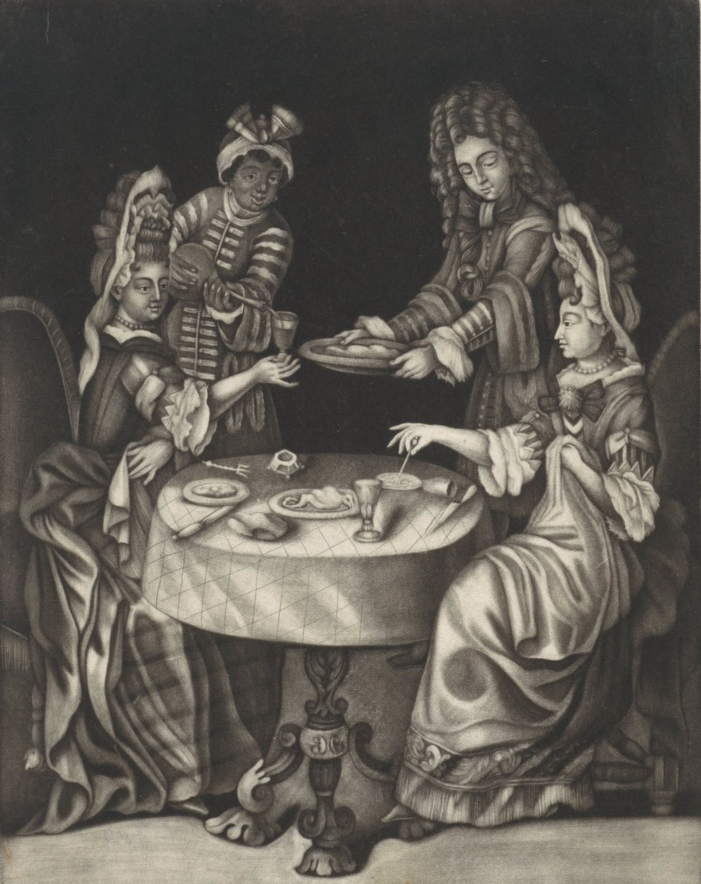 Twee dames dineren, 1650-1701 (prent) door Dutch School
