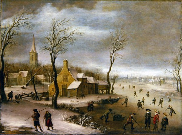 Een winterlandschap met kolfspelers door Dutch School