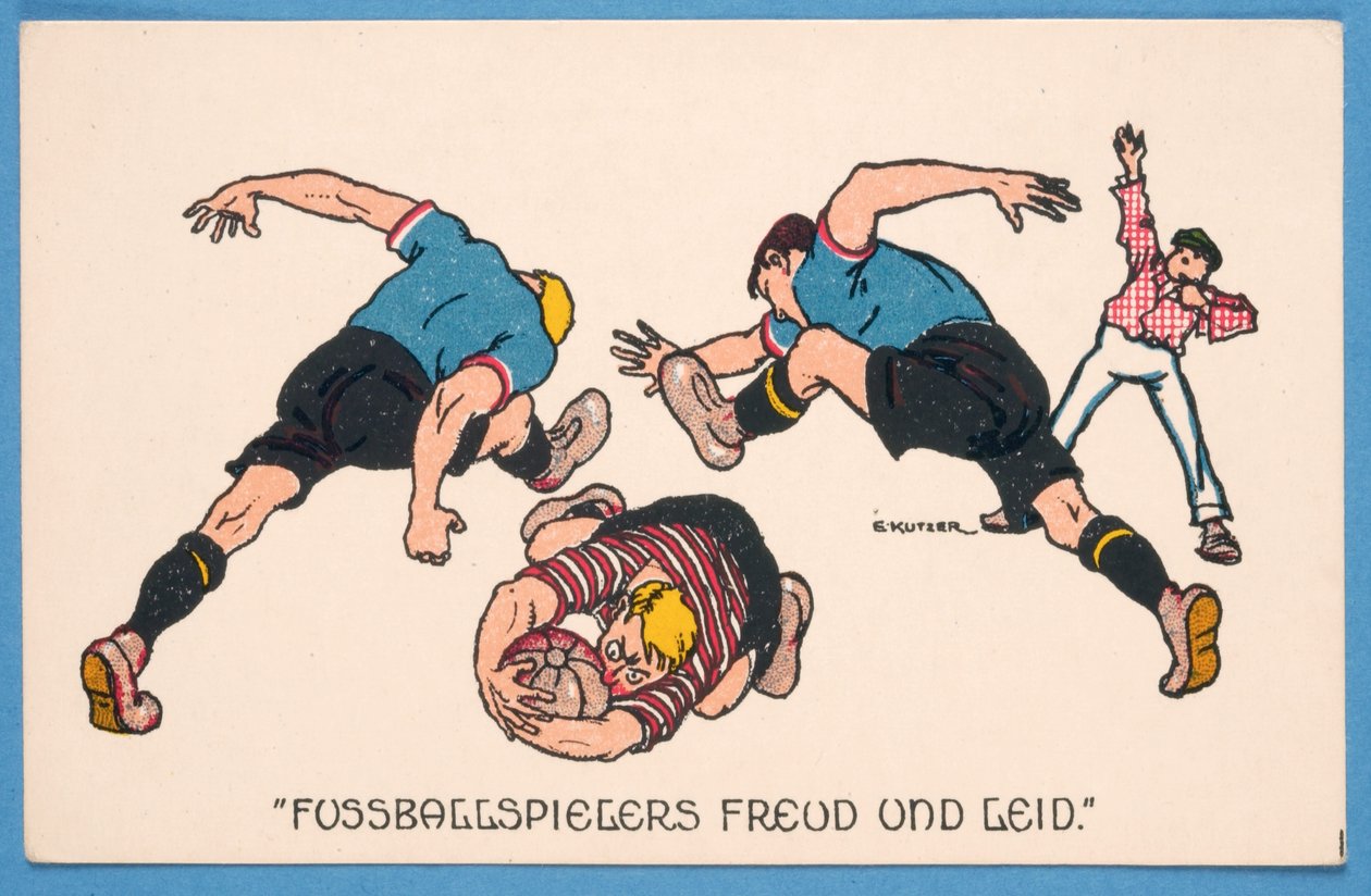 Fussballspielers Freud un Leid, ansichtkaart met voetballers door E. Kutzer