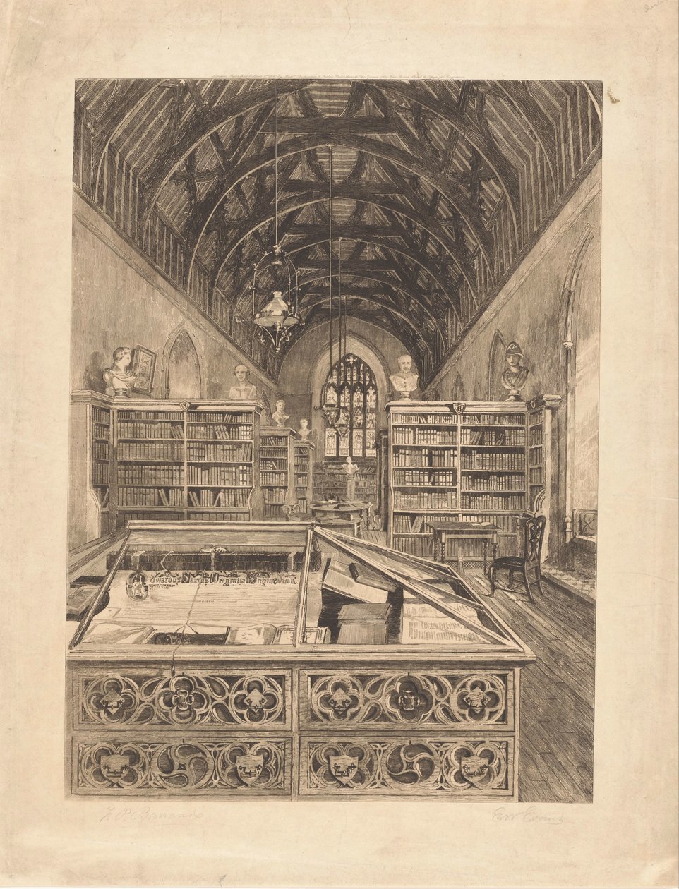 Interieur van een bibliotheek door E.W. Evans (signed by artist)