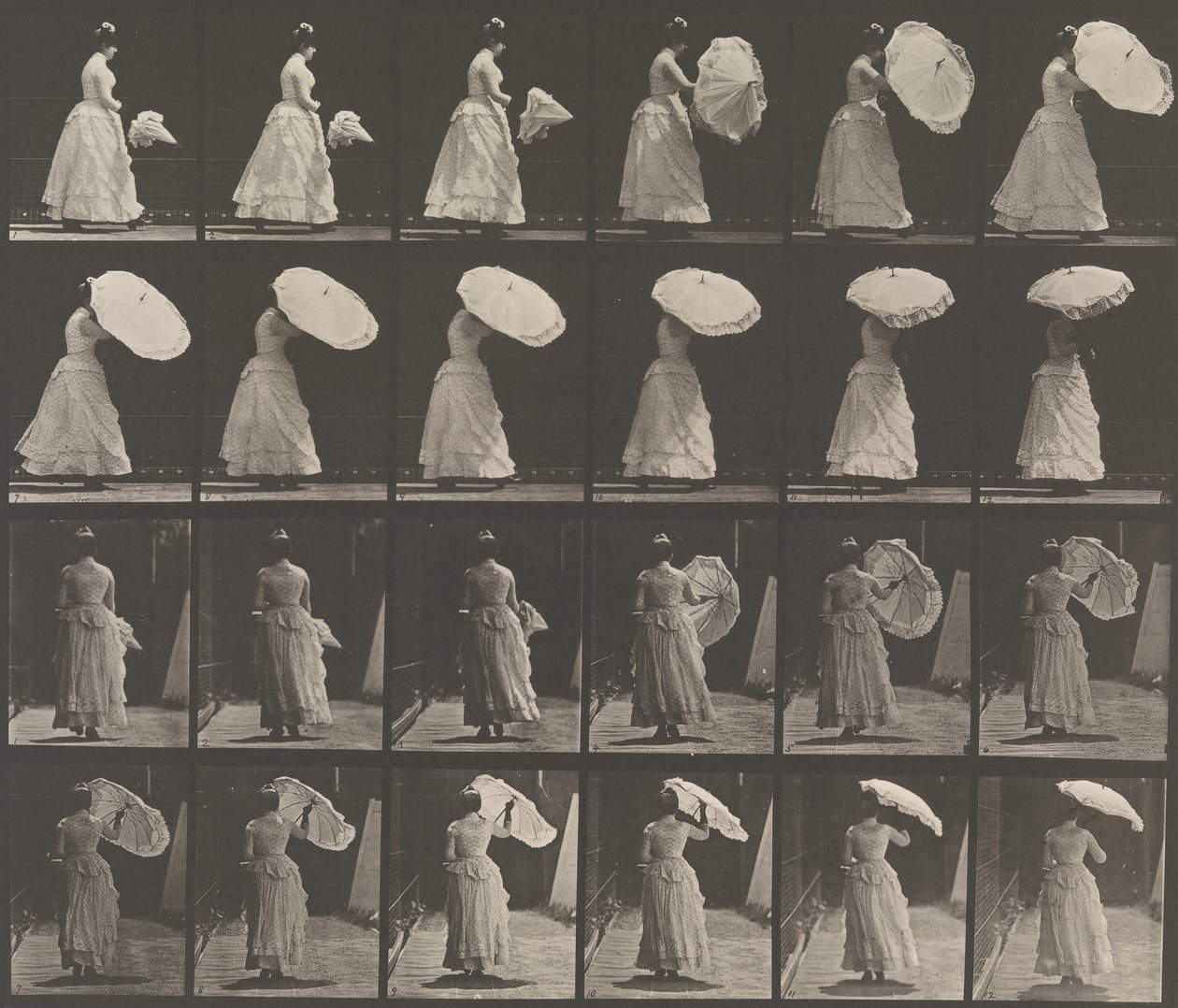 Vrouw opent parasol, 1883-86, gedrukt 1887 door Eadweard Muybridge