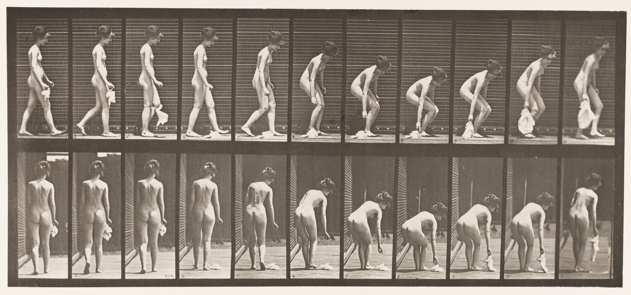 Plaat 202. Een zakdoek laten vallen en oppakken door Eadweard Muybridge