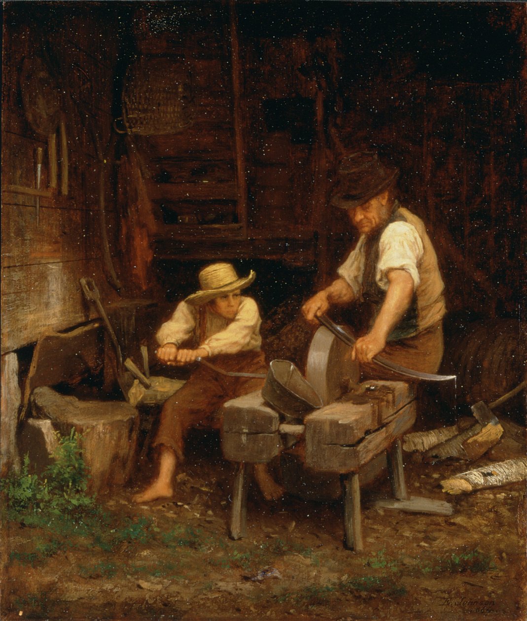 Het slijpen van de zeis, 1864 door Eastman Johnson