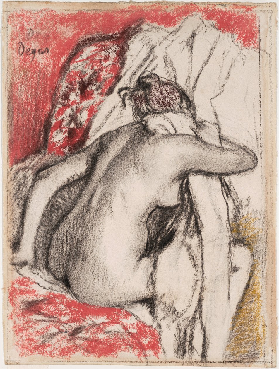 Na het bad - Zittende vrouw die zichzelf droogt door Edgar Degas