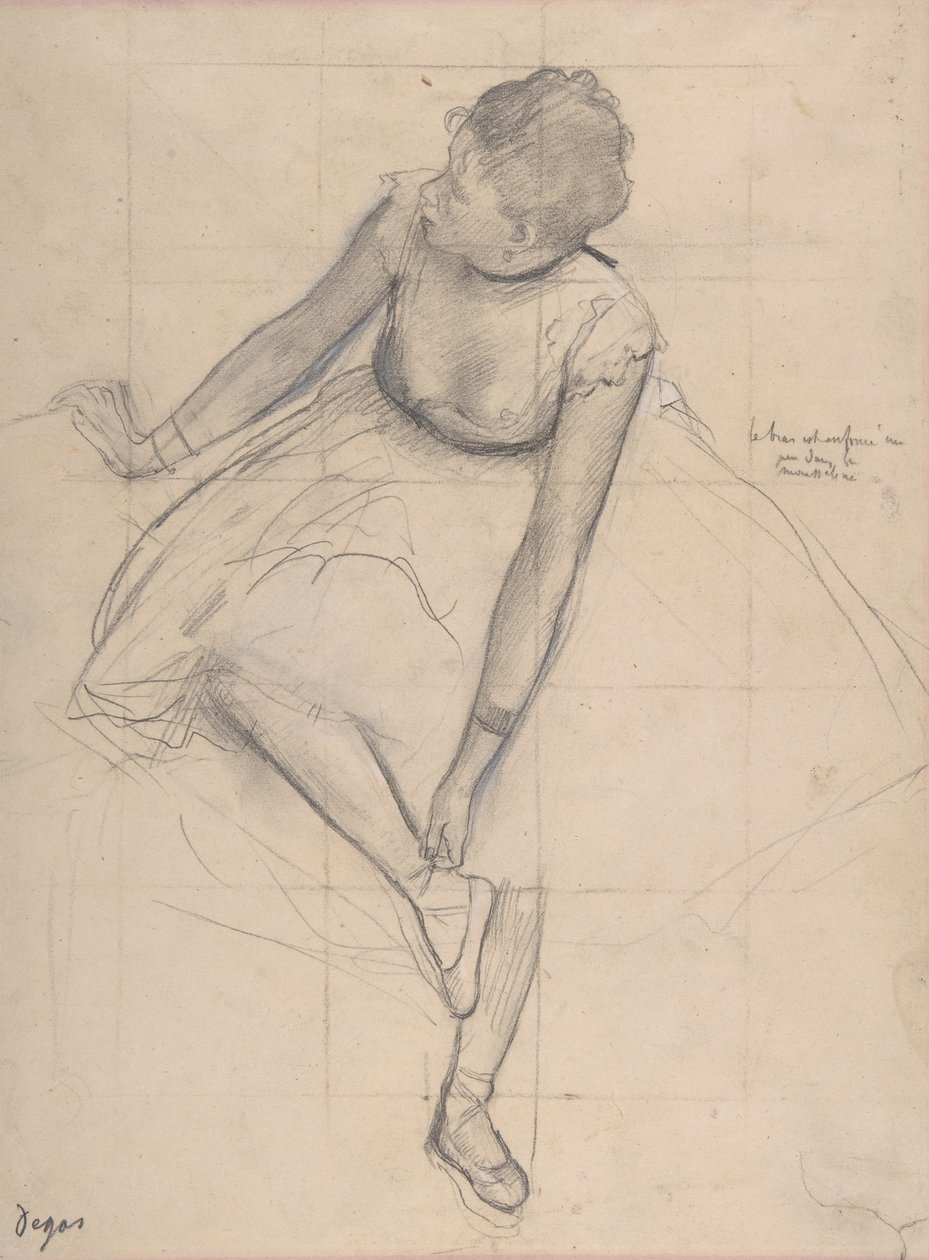Danseres die haar slipper aanpast door Edgar Degas