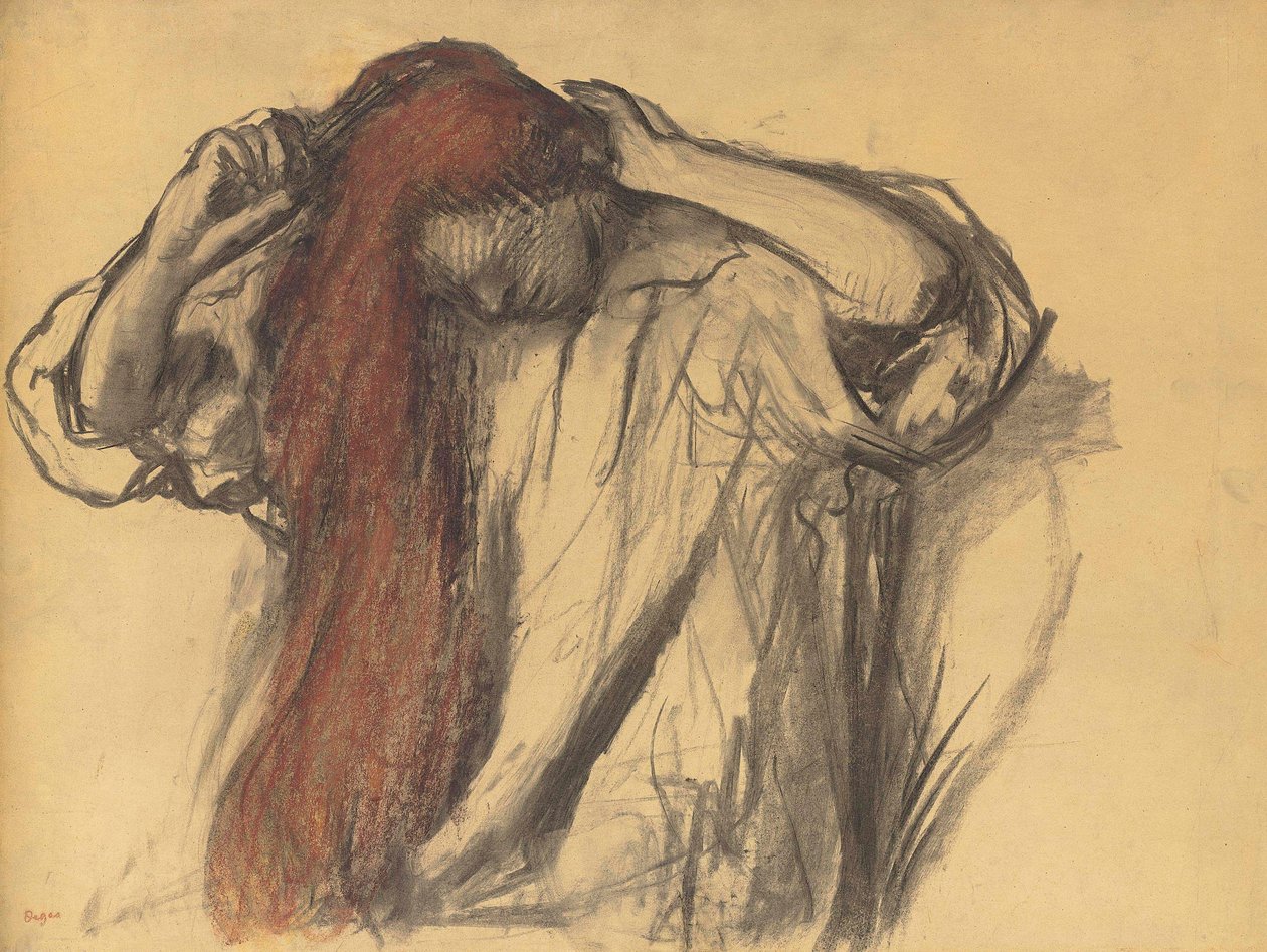 Vrouw die haar haar in model brengt door Edgar Degas