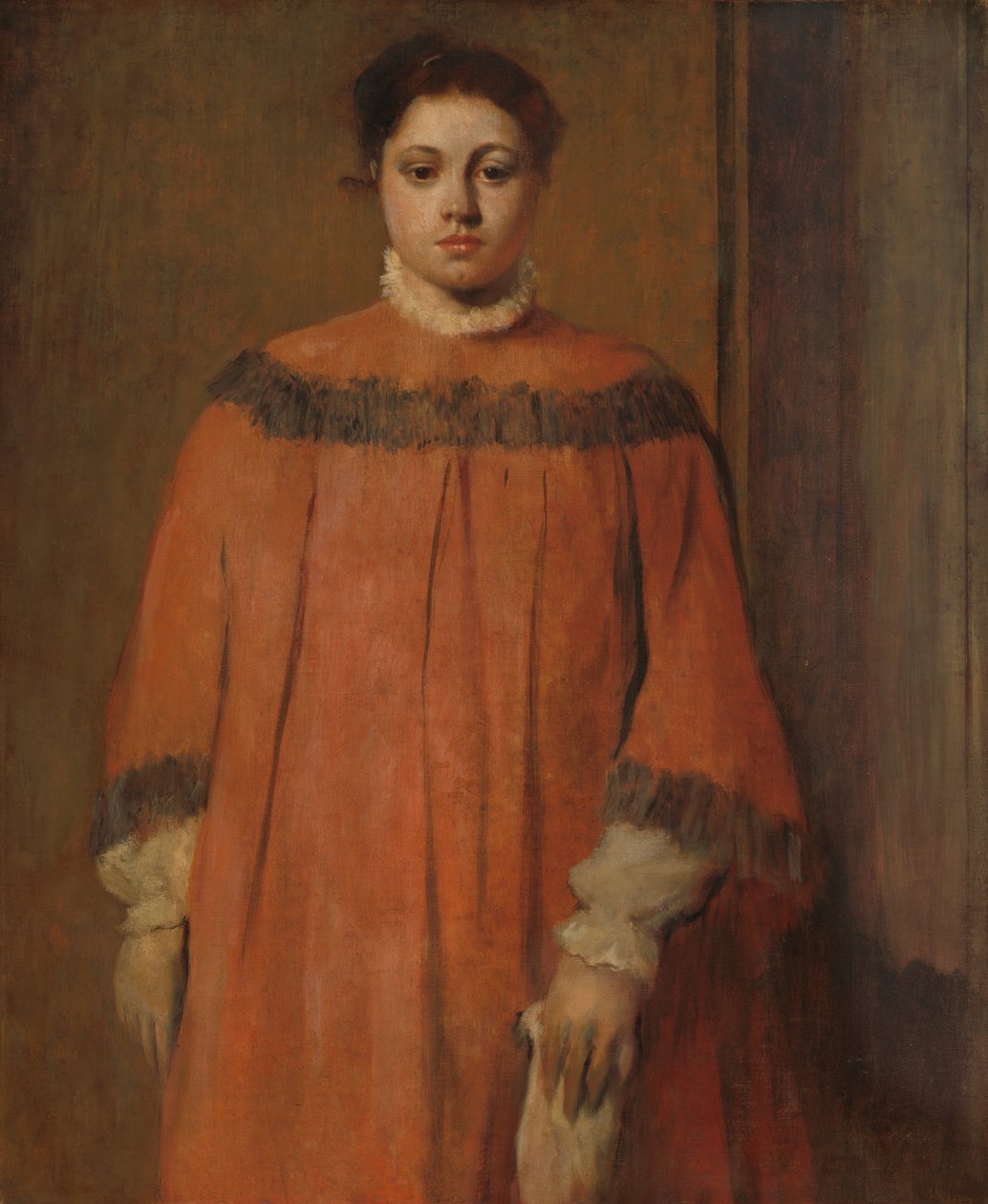 Meisje in rood, ca. 1866 door Edgar Degas