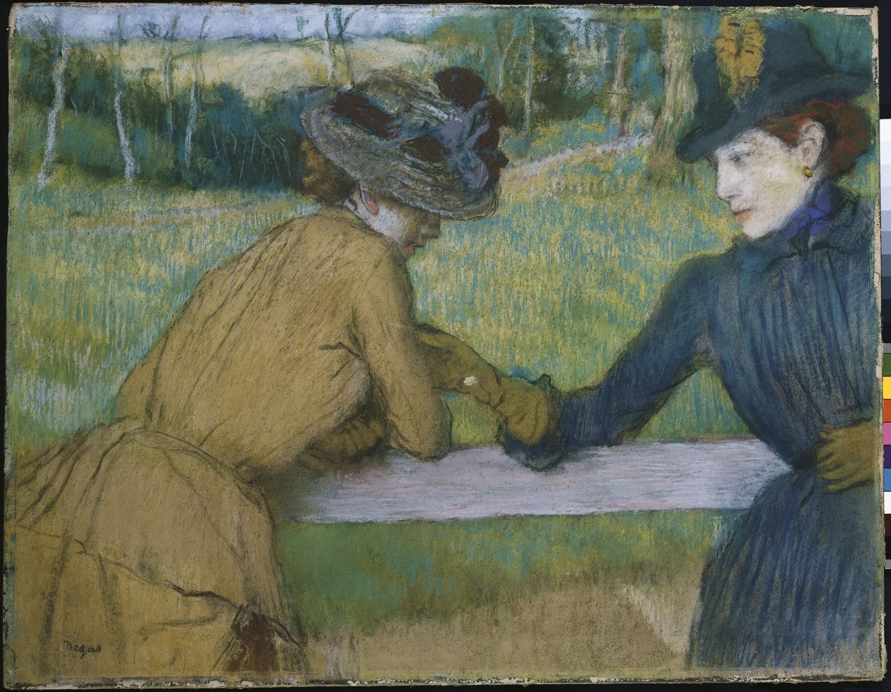 Twee Vrouwen Leunend op een Hek door Edgar Degas