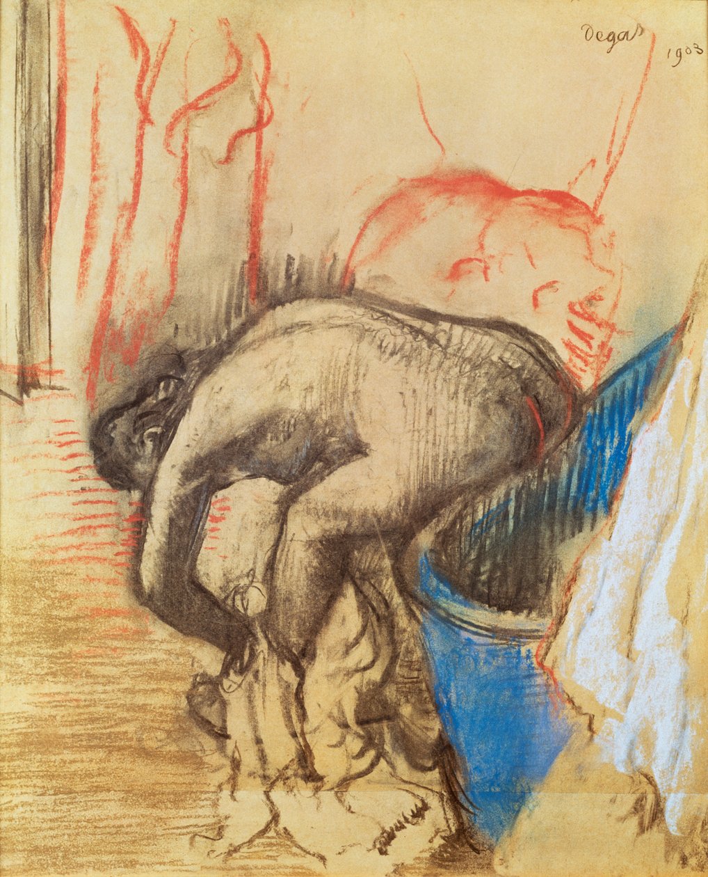 Vrouw die haar linkerbeen droogt door Edgar Degas