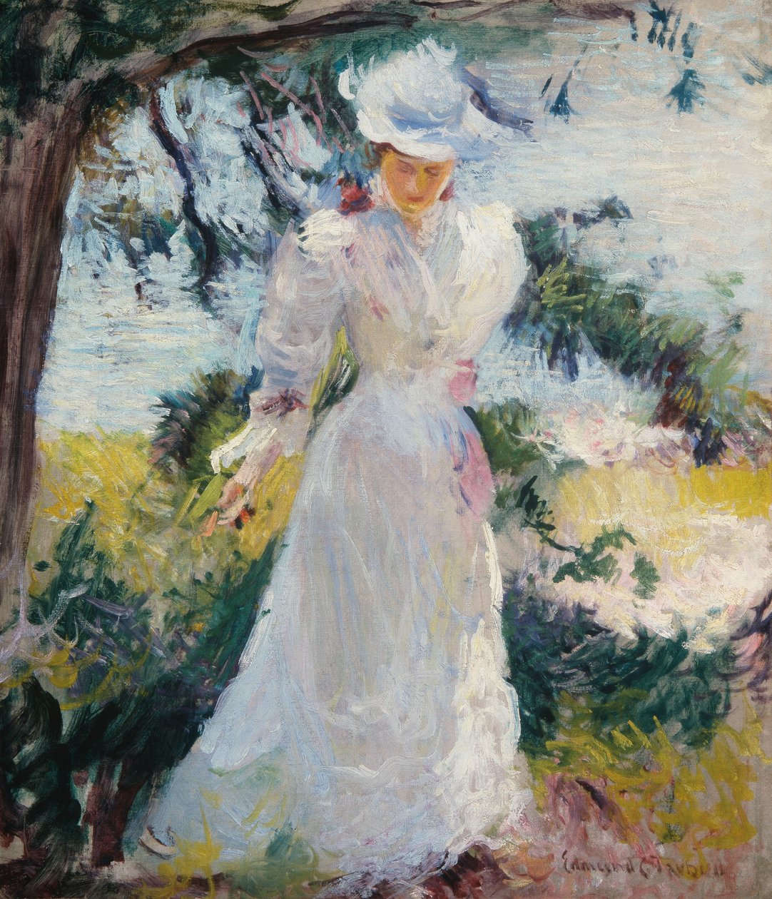 Mijn Vrouw, Emeline, in een Tuin door Edmund Charles Tarbell