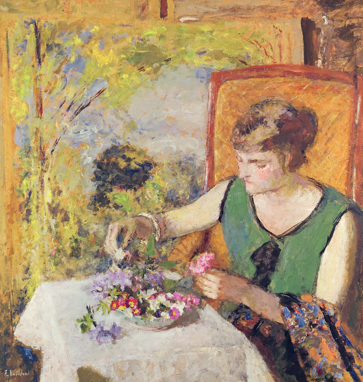 Vrouw met een boeket bloemen, 1925 door Edouard Vuillard