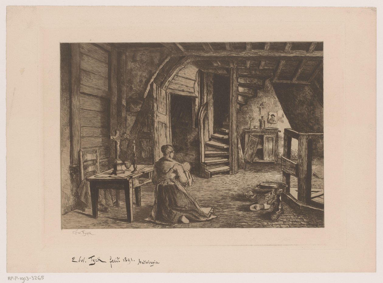 Zolderinterieur door Edouard Tyck (signed by artist)
